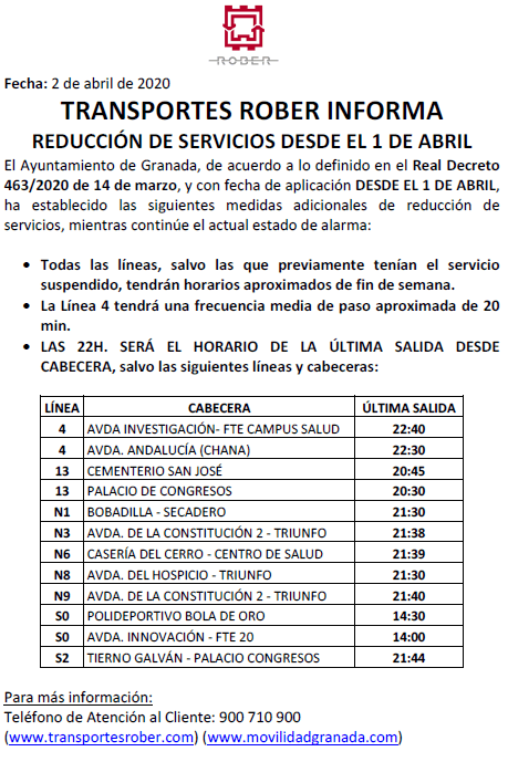 Reduccion servicios bus urbano granada abril covid-19